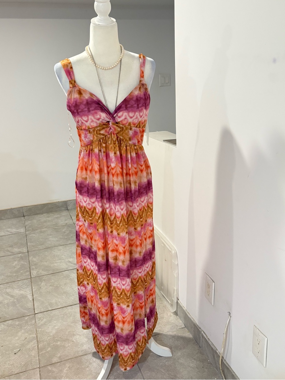 Tie-Front Sleeveless Maxi Dress in Pink, Purple & Orange Wave Print